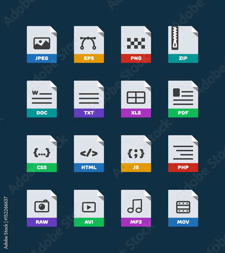 Flat colorful vector file format icons set