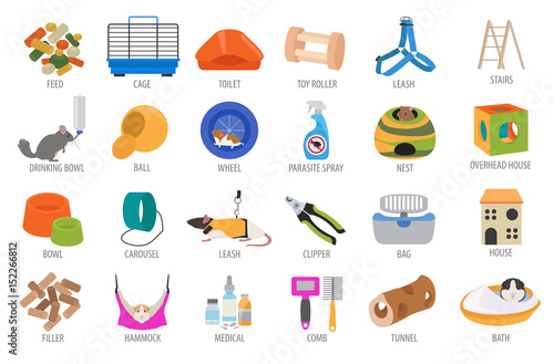 Pet appliance icon set flat style isolated on white. Rodents care collection. Create own infographic about guinea pig, rat, hamster, chinchilla, mouse, rabbit