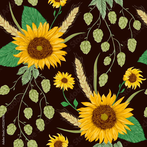 Seamless pattern with sunflowers, wheat and hops. Rustic floral background. Vintage vector botanical illustration in watercolor style.