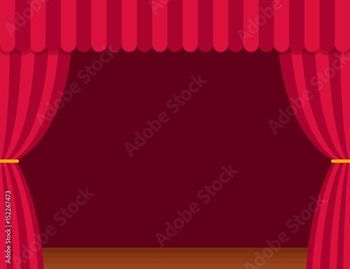 Stage curtains with brown wooden floor in flat style. Theater vector illustration.