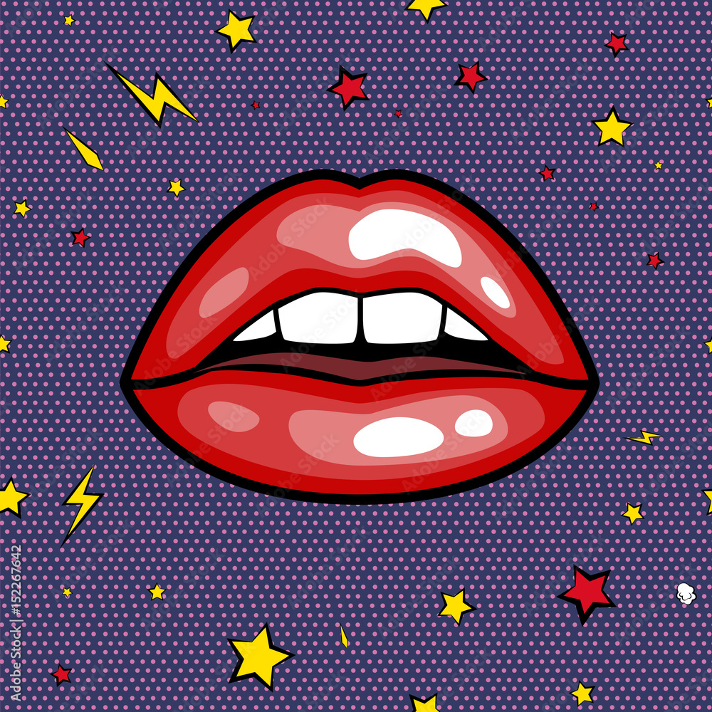 fashion girls lips with red lipstick in cartoon pop art style patch badges, cool retro collection sticker vector illustration fashion girls lips with red lipstick in cartoon pop art style patch badges, cool retro collection sticker vector illustration