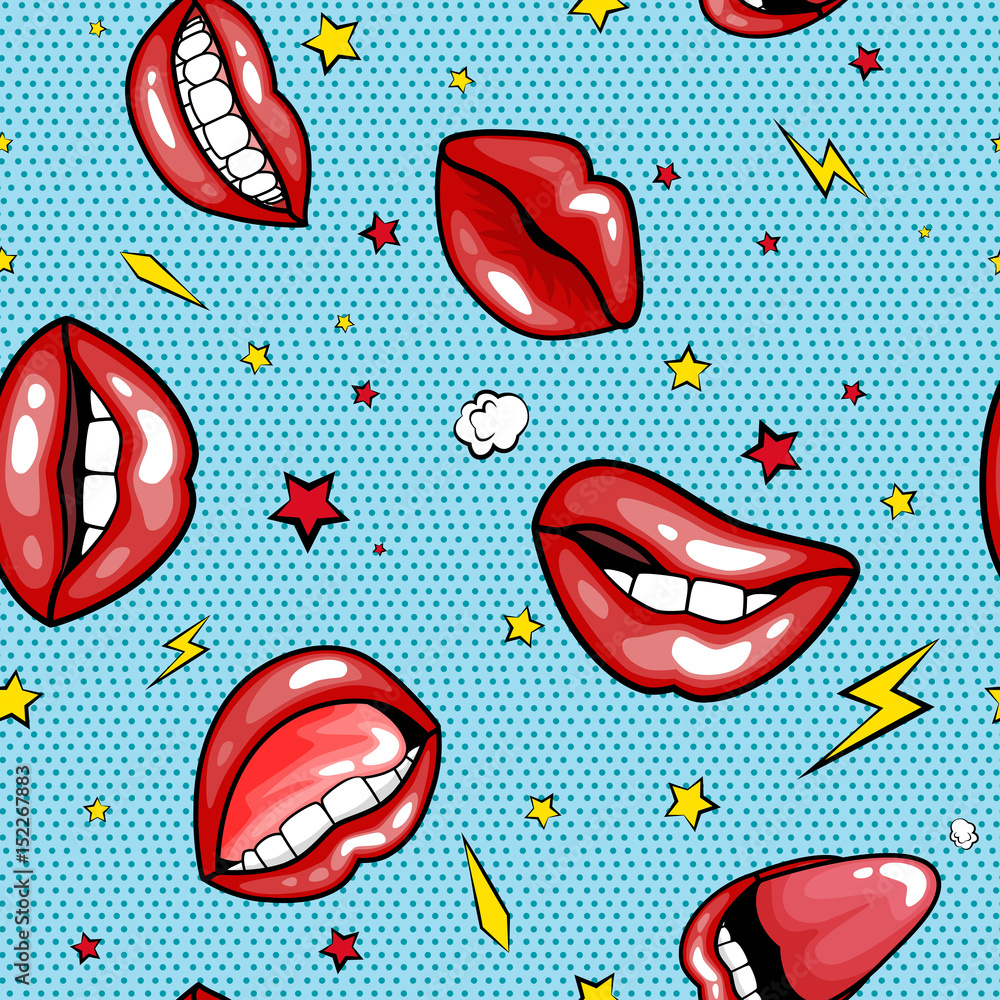 Seamless pattern cartoon comic super speech bubble labels with text, sexy open red lips with teeth, retro cartoon vector pop art illustration, halftone dot vintage effect background Seamless pattern cartoon comic super speech bubble labels with text, sexy open red lips with teeth, retro cartoon vector pop art illustration, halftone dot vintage effect background