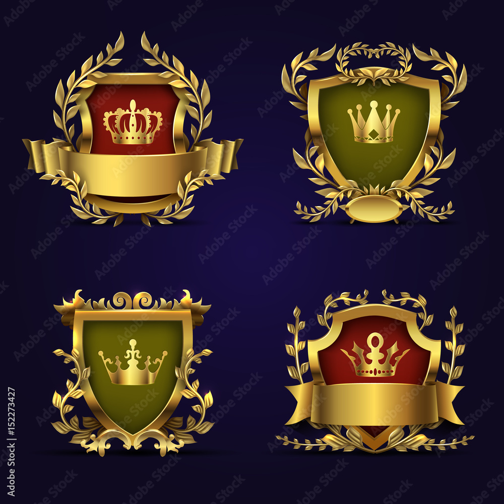 Royal heraldic vector emblems in victorian style with golden crown, shield and laurel wreath Royal heraldic vector emblems in victorian style with golden crown, shield and laurel wreath