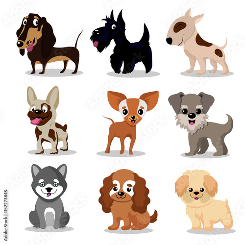 Cute happy dogs. Cartoon funny puppies vector characters collection