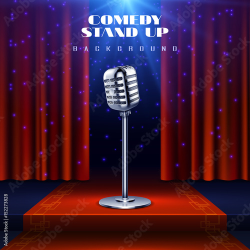 Stand up comedy vector background with retro microphone on stage and red curtain