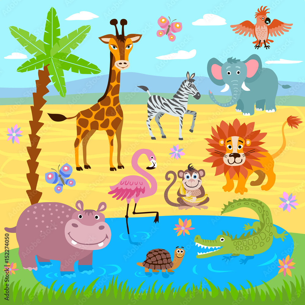 Fototapeta premium Baby jungle and safari zoo animals vector nature background