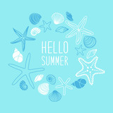 Cute vintage frame with hand drawn shells and starfishes and hand written text Hello Summer