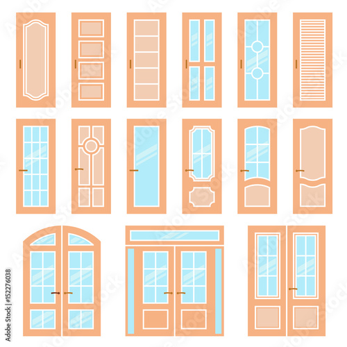 Vector doors design set. Modern and classic flat enterance collection. Interior doorway illustration. Elegant wood passage construction. Wooden colorful style isolated photo