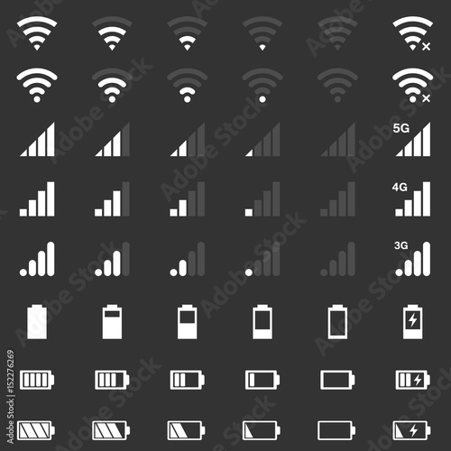 mobile interace icons, battery charge, wi-fi signal, mobile signal level icons set