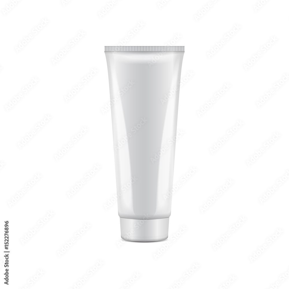 White plastic tube with round cap. Vector packaging mockup template. Front view White plastic tube with round cap. Vector packaging mockup template. Front view