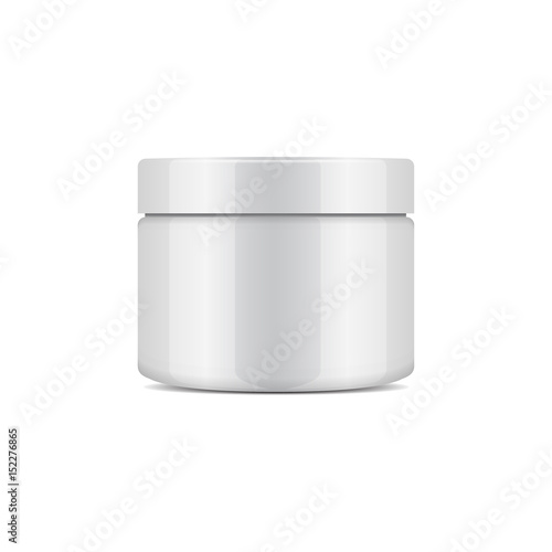 Round white plastic jar with lid for cosmetics. Vector mockup template.
