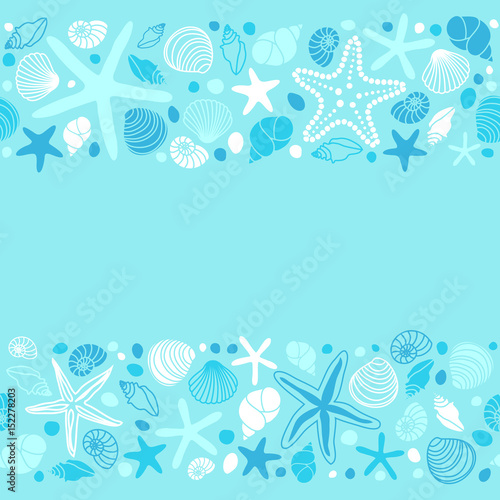 Cute summer background with different shells and starfishes as seamless borders
