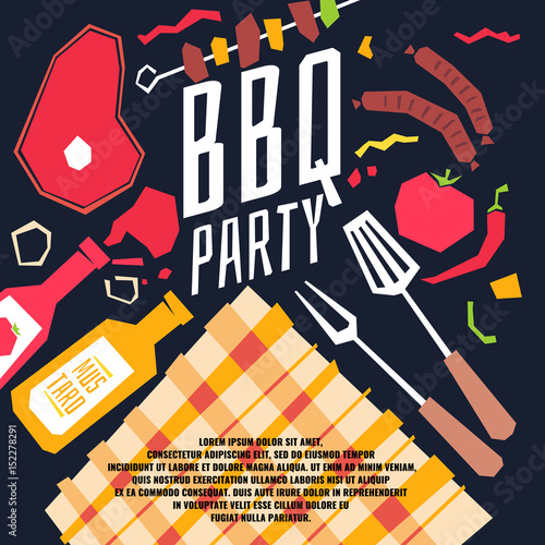 Modern poster BBQ party with a checkered tablecloth, barbecue, vegetables