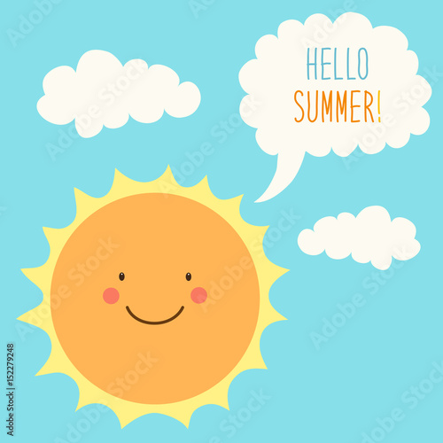 Hello Summer card as cute hand drawn smiling cartoon character of Sun