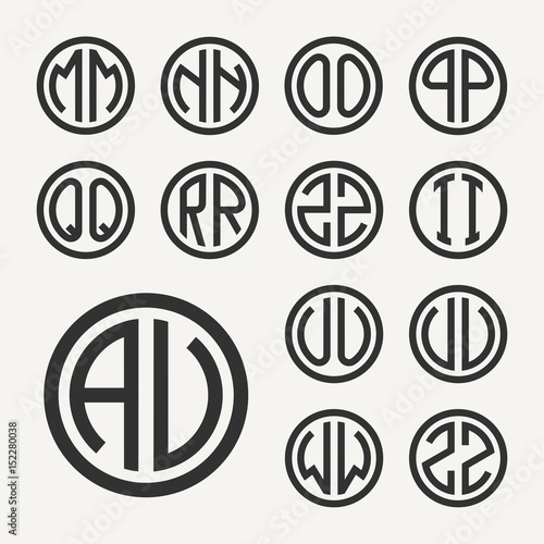 Set 2 of templates from two capital letters inscribed in a circle. From wide lines of the same thickness. To create logos, emblems, monograms. Lineart style