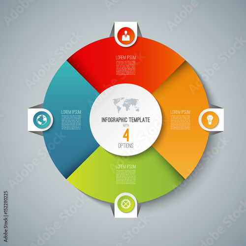 Infographic pie chart circle template with 4 options. Can be used as cycle diagram, graph, web banner, workflow layout