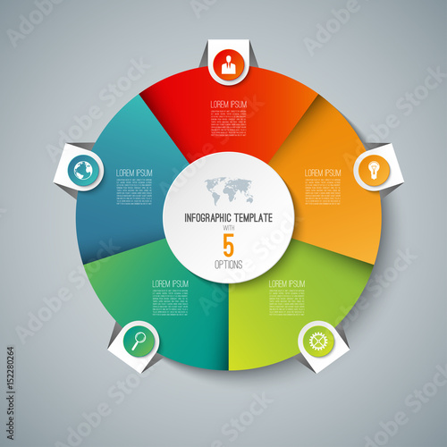 Infographic pie chart circle template with 5 options. Can be used as cycle diagram, graph, web banner, workflow layout