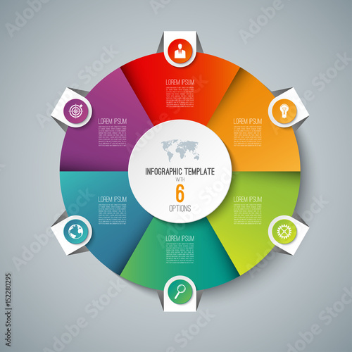 Infographic pie chart circle template with 6 options. Can be used as cycle diagram, graph, web banner, workflow layout