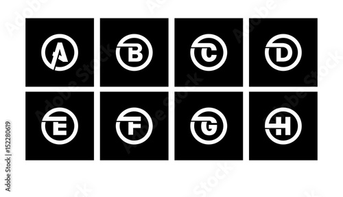 Set 1 of templates, capital letters inscribed in a circle of wide white bands with an overlay of shadows. To create emblems, monograms, logos.