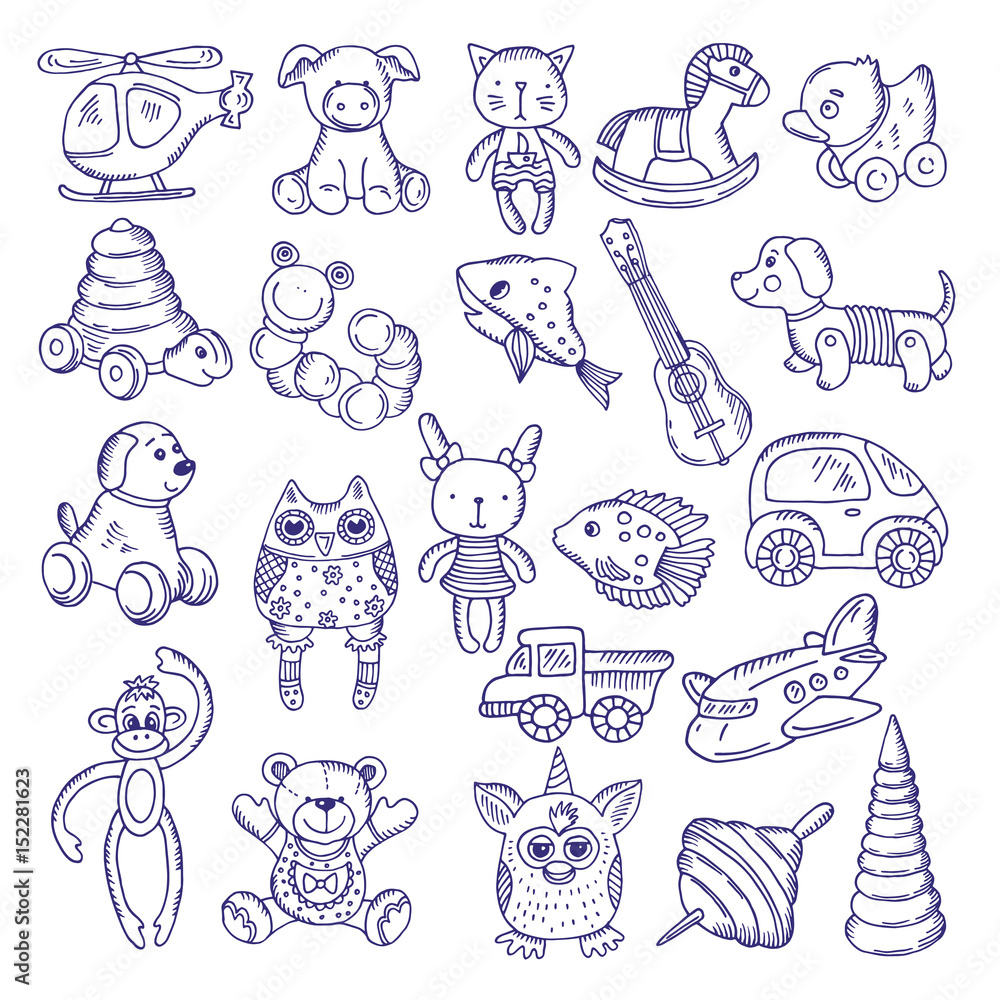 Fototapeta premium Hand drawn doodle toys for kids. Vector sketches isolate on white background