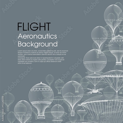 FLIGHT Aeronautics . Vintage hot air balloons floating in the sky. Trendy background. Monochrome in shades of blue.