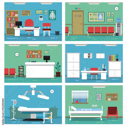 Illustrations of empty medical offices. Different rooms in hospital. Vector pictures set