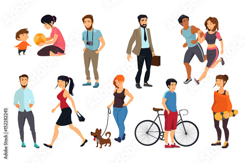 Peoples walking on street. Vector illustrations set