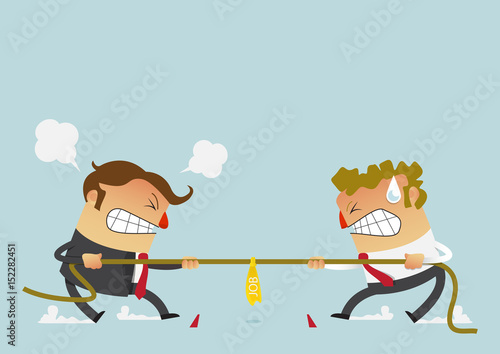 Businessman in career race. Two businessman fighting in the tug of war competition that could just define their careers. Cartoon character in flat design. Vector Illustration.