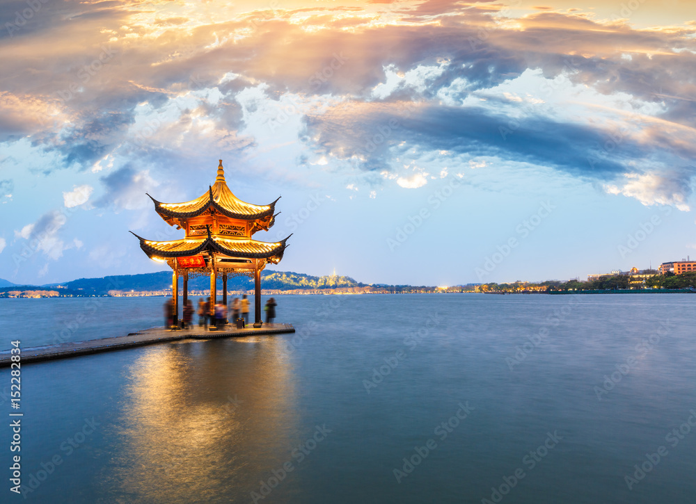 ancient pavilion of Hangzhou west lake at dusk, in China ancient pavilion of Hangzhou west lake at dusk, in China