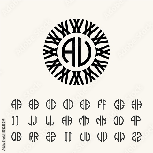 Set template letters to create monograms of two letters in scribed in a circle in Art Nouveau style.