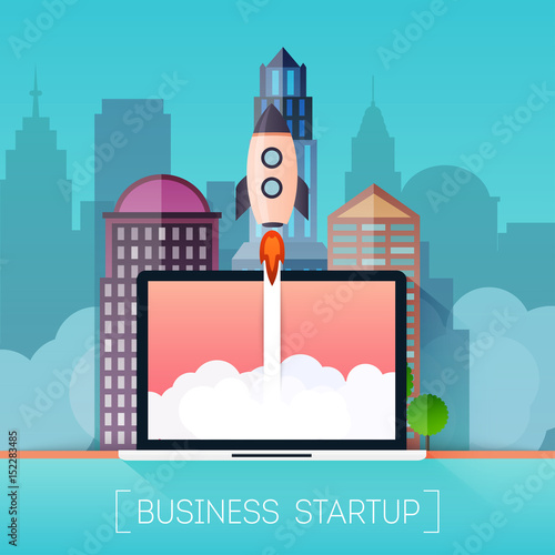 Successful startup business concept. Rocketship on computer for startup media.