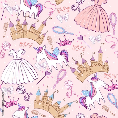 Magic cute unicorn with castle. Vector seamless pattern