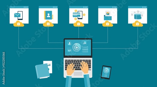 flat vector technology internet cyber security design concept and data security concept with people working 
