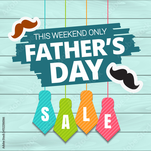 Father's Day sale offer. Colored tie and mustache man with lettering, isolated on blue wooden background template for promotion banner, ads, flyer, invitation, poster, brochure, discount . Vector