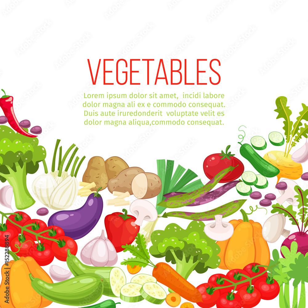 Vegetables top view frame. Farmers market menu design. Organic food  colorful  organic banner with vegetables. Cartoon style  vector illustration. Stock Vector | Adobe Stock