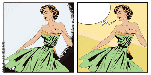 Girl tries on dress. Shopping. People in retro style.