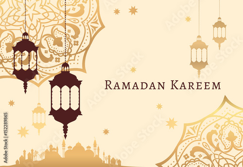 Ramadan Kareem celebrate greeting card or illustration with paper cutting style with arabic design patterns and lanterns, arabic lamp. Vector illustration. EPS 10