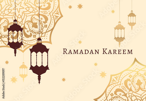 Ramadan Kareem celebrate greeting card or illustration with paper cutting style with arabic design patterns and lanterns, arabic lamp. Vector illustration. EPS 10