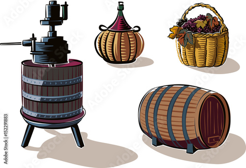 Equipment to produce wine: wine press, barrel, carboy, and basket of ripe grapes just harvested.