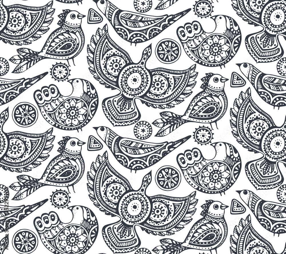 Vector seamless pattern with ethnic ornate birds