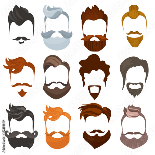 Set of men cartoon hairstyles with beards and mustache. Collection of fashionable stylish types. Vector illustration with isolated hipsters on a white background.