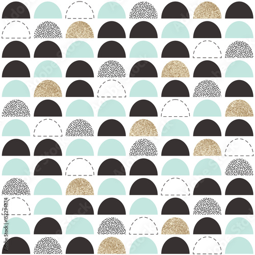 Pastel geometric background with gold glitter shapes. Abstract seamless pattern in black, mint and gold color. Vector illustration