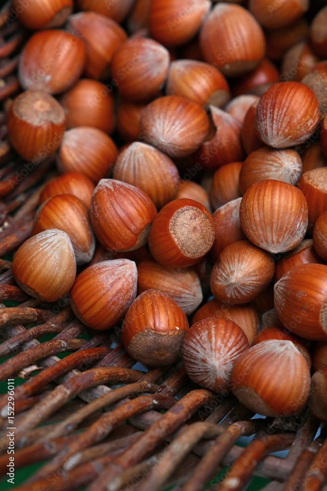 Whole big filbert hazelnuts in wicker basket Whole big filbert hazelnuts in wicker basket