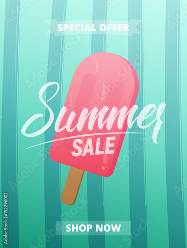 Summer sale advertisement, banner, card, poster etc. Background with lettering, trendy stripes and ice cream