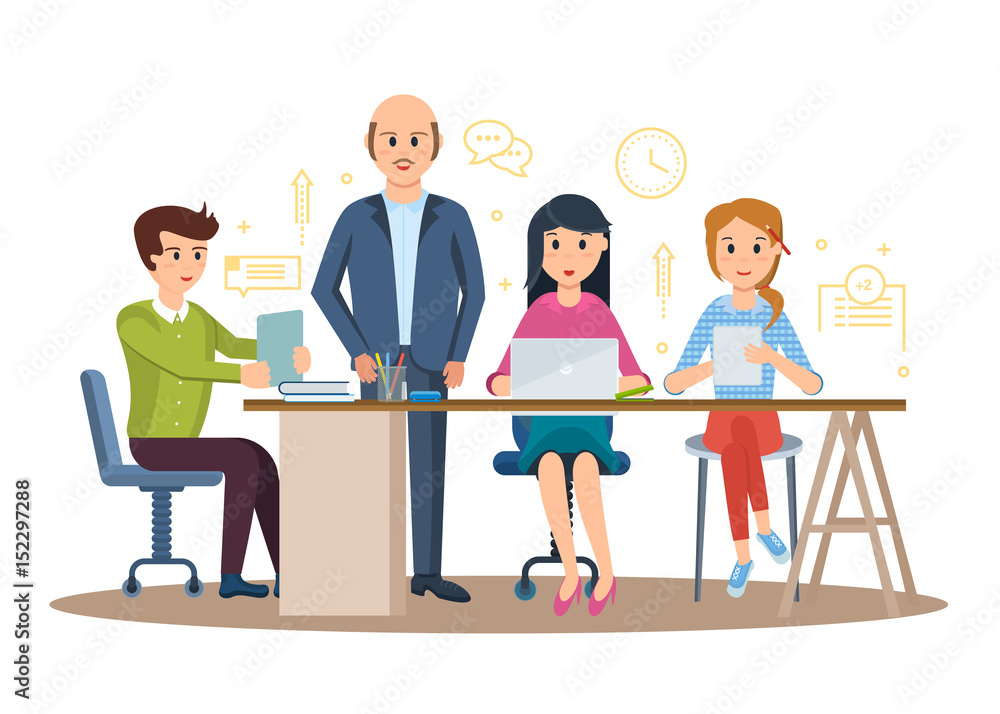 Business characters working in office, business man entrepreneur with colleagues.