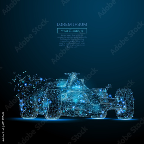 Polygonal F1 CAR. Speed concept. Vector bolide mesh spheres from flying debris. Thin line concept. Blue structure style illustration