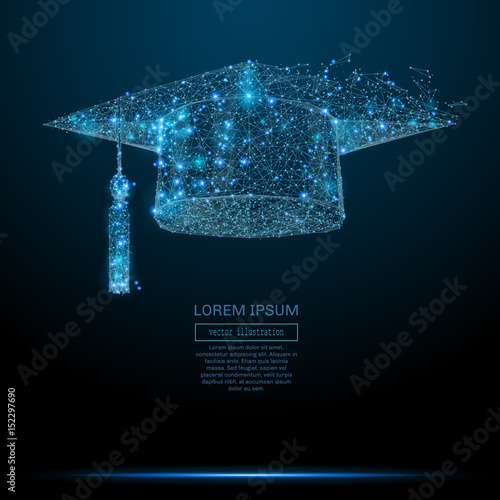 Polygonal Graduation cap. Business concept. Vector mesh spheres from flying debris. Thin line concept. Blue structure style illustration