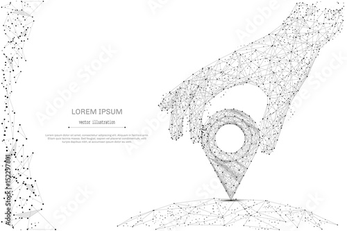 Abstract mash line and point hand holding pin on white background with an inscription. Starry sky or space, consisting of stars and the universe. Vector business illustration