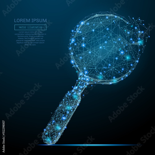 Polygonal magnifying glass. Business concept. Vector mesh spheres from flying debris. Thin line concept. Blue structure style illustration