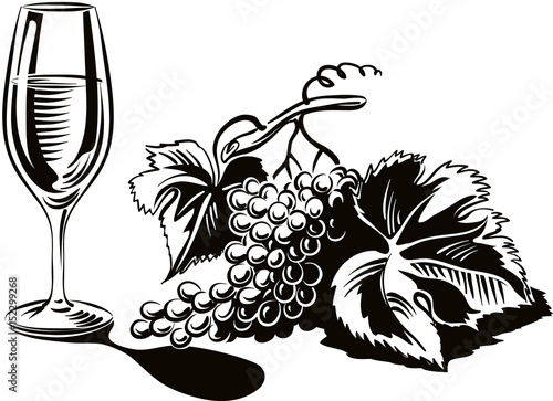 bunch of grapes ripe freshly picked and a glass of wine.